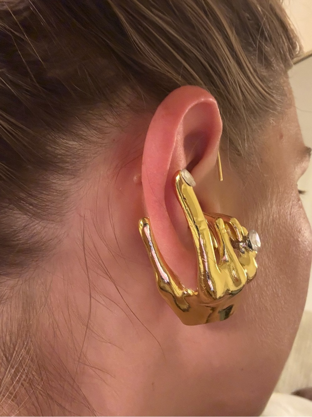 Gold Surrealistic Sculptural Hand Ear Cuff with Crystal Accent - Picture 4 of 6